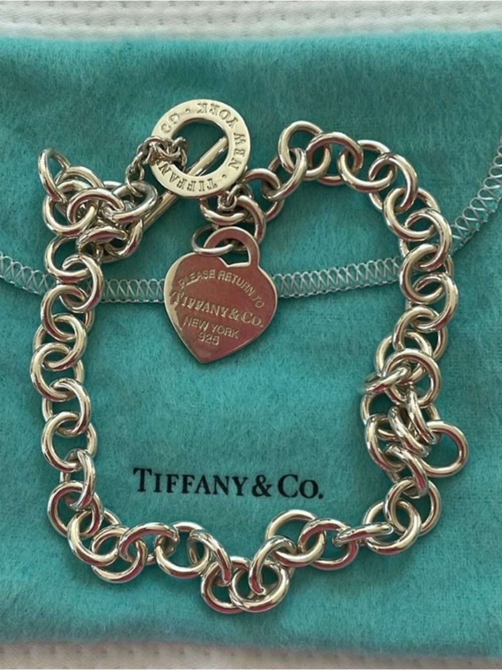Tiffany & Co. Silver Heart Tag Toggle Bracelet on Blue Pouch